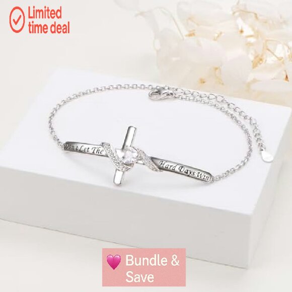 Sterling Silver Faith Over Fear Heart Infinity Cross Cuff Bracelet - Picture 4 of 8